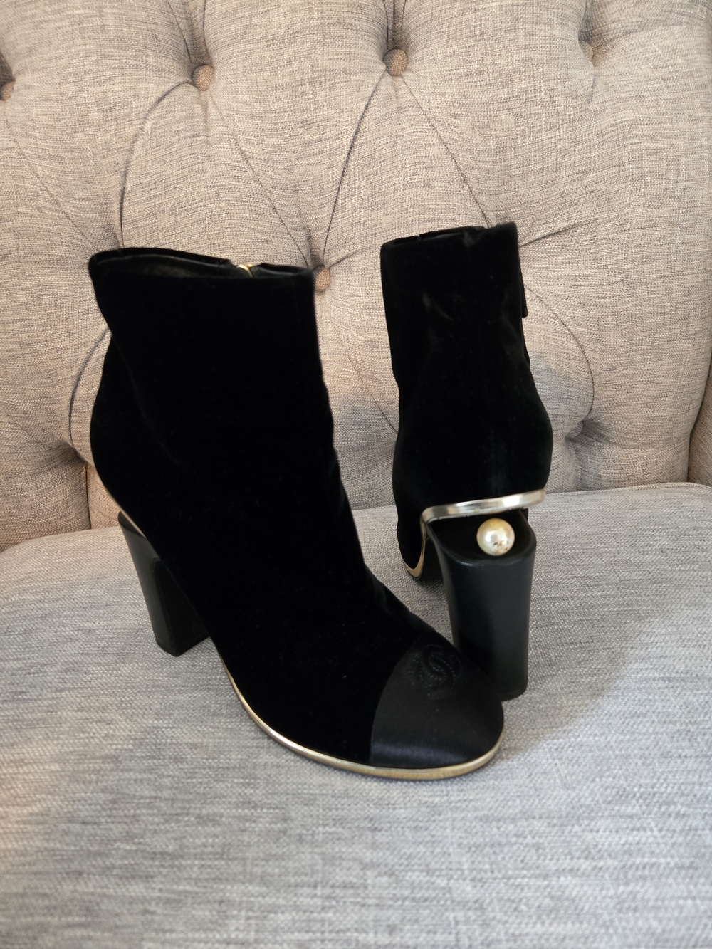 CHANEL Black Velvet Ankle Booties with Gold Accent & Pearl Heel